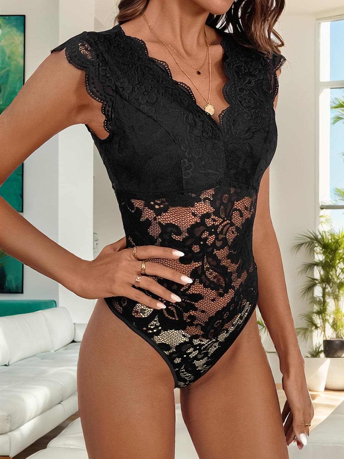 Lace v-neck bodysuit with sheer details - Love Salve
